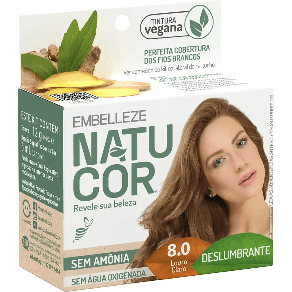 Tintura Vegana Natucor Embelleze 8.0 Louro Claro Deslumbrante Sem Amônia